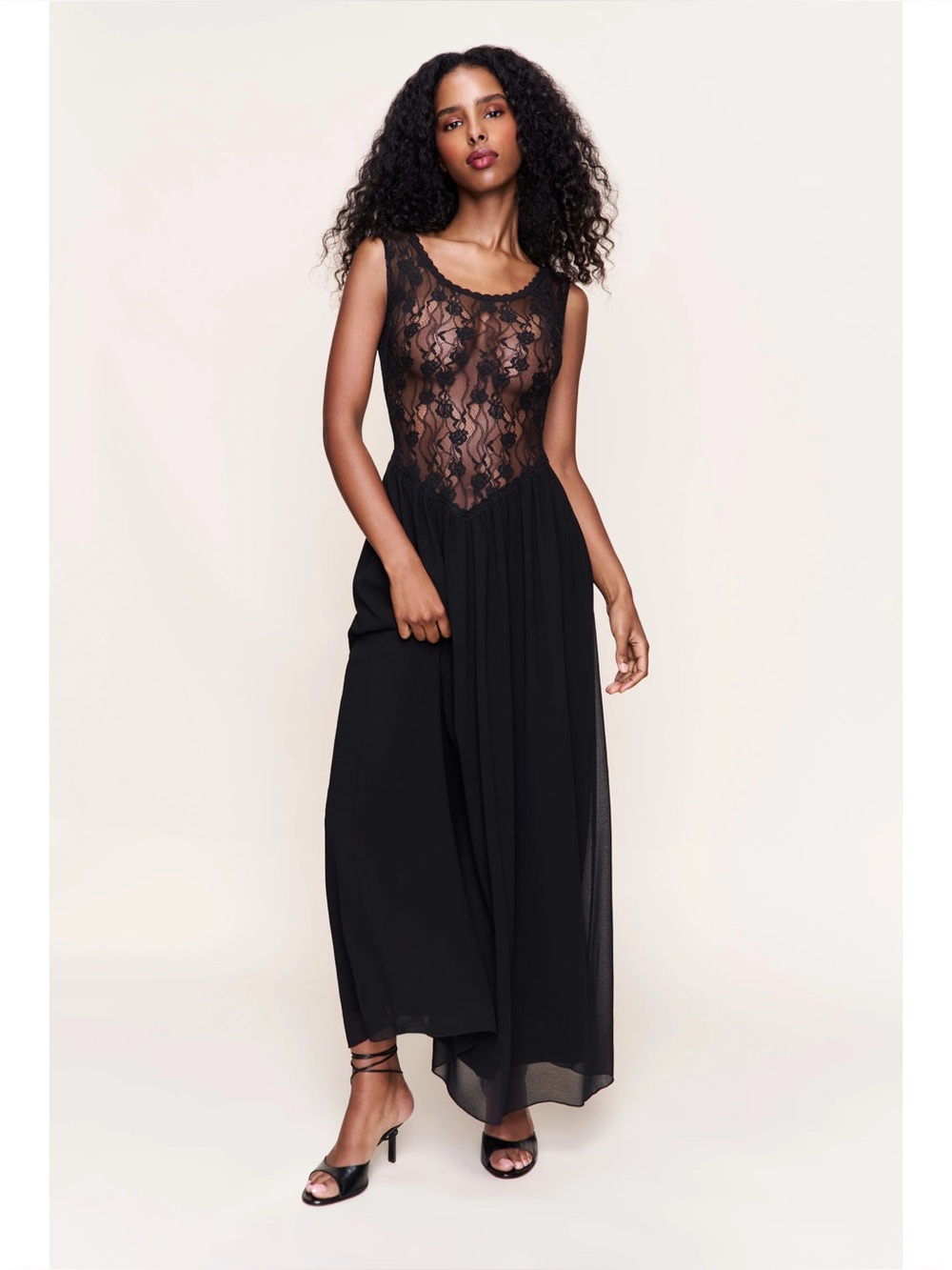 GUIZIO Belle Dress in Black Lace Chiffon Maxi Gown Elegant Goth Medieval Witch